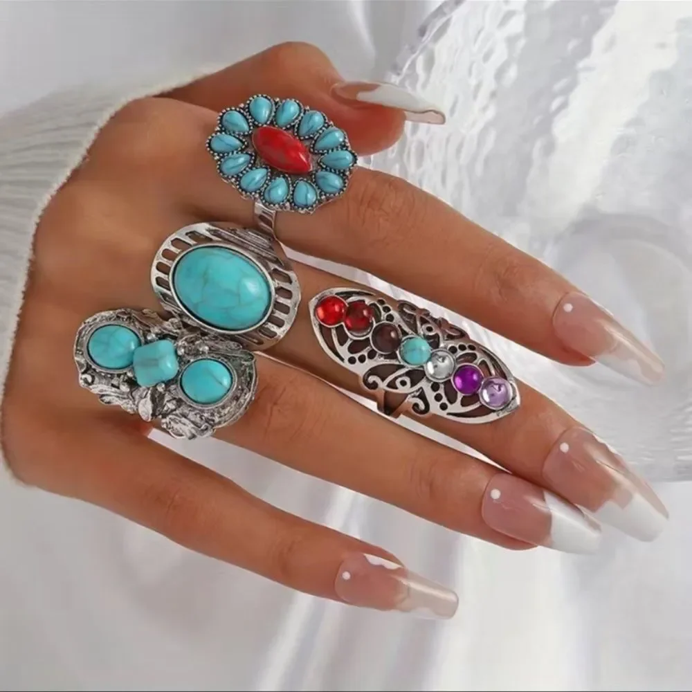 4-piece turquoise chakra bohemian ring